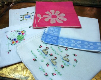 Set of 5 Vintage Handkerchiefs, Floral, Ducks, Applique, Embroidery Handkerchief, Vintage Fabric, Square, Retro Pocket, Lace, Sewing Crafts,