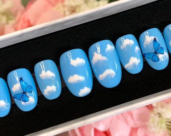 Blue Clouds with Butterflies Press on Nails, Blue Stick on Nails, Glue on Nail set, Blue Acrylic Nails, Blue Cloud Nails