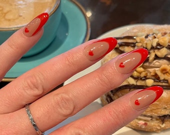 Red French Tip Press On Nails, Valentine's Day Hearts
