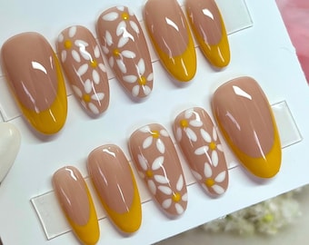 Yellow French Tip Press On Nails, Floral Daisy Nails