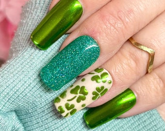 Green St Patrick’s Day Press on Nails, Green Stick on Nails, Green Chrome Nails, Shamrock Nails, Green Glitter Nails