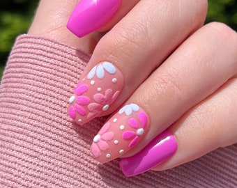 Summer Pink and Textured Floral Press on Nails, Hot Pink Press on Nails, Floral Nails, Textured Nails.