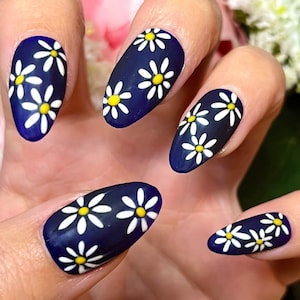 Dark Blue Floral Matt Daisy Press on Nails, Stick on Glue on Nails, Acrylic Nails, False Nails, Coffin Almond