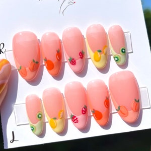 Fruity French Tip Pastel Press on Nails, Pastel French. Fruit Nails. Strawberry, Lemon, Peaches, Kiwi and Oranges.