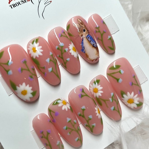 Easter Nails, Rabbit Spring Nail Art, Floral Nails. Spring Nail Art. Spring Press on Nails