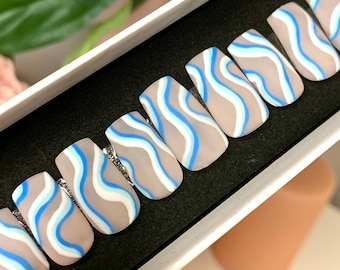 Blue and White Matte Swirl Press On Nails, Blue Press on Nails, Swirl Nail Art, Summer Nails