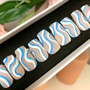 Blue and White Matte Swirl Press On Nails, Blue Press on Nails, Swirl Nail Art, Summer Nails