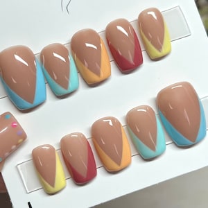 Rainbow French Tip Stick on Nails, Press on Nails French, French pastel Glue on Nails Coffin, Acrylic Nails, False Nails, Fake Nails