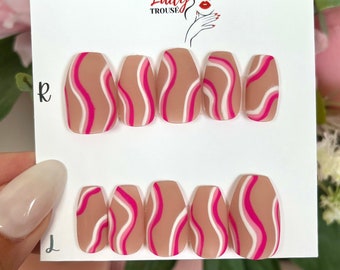 Pink Swirl Matt Press On Nails, Pink Stick on Nails, Pink Glue on Nails Set, Acrylic Nails, False Nails set