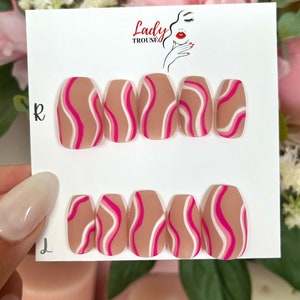 Pink Swirl Matt Press On Nails, Pink Stick on Nails, Pink Glue on Nails Set, Acrylic Nails, False Nails set