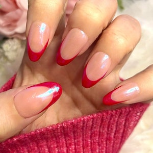 Hailey Bieber Red Tip Chrome Press on Nails, Red Tip Nails, Acryl Nails, Press on Nails, Fake Nails, Chrome afbeelding 2