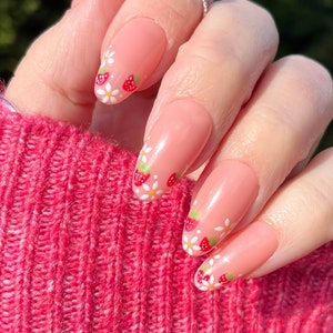Strawberry Flower Nails, Strawberry Press on Nails, Spring Nails, Floral Nails, Pink Nails, Fruit Nails