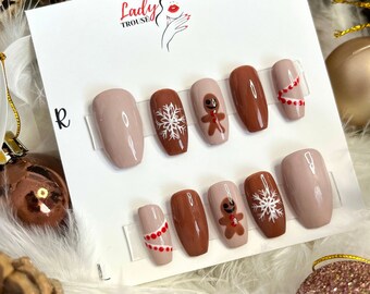 Christmas Press on Nails, Gingerbread Man Christmas Press on Nails. Brown grey Gingerbread Nails
