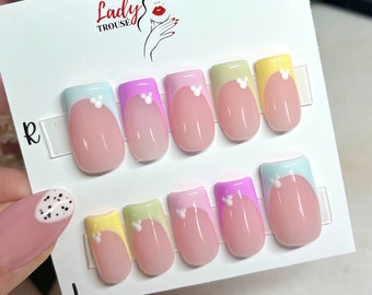 Disney Pastel Tips Stick on Nails, Disney Nails, Disney Press on Nails, Acrylic Nails, Pastel tips almond nails, fake nail set, Mickey Mouse