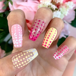 Dotty Multi Colored Press on Nails, Dot Stick on Glue on Nails, Acrylic Nails, False Nails, Pink and Yellow Dotty