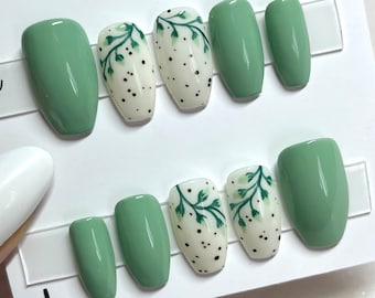 Sage Green Floral Press on Nails, Green Floral Nails. Milky White Flower Nails