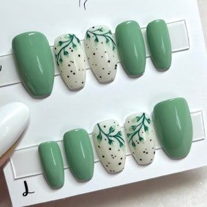 Sage Green Floral Press on Nails, Green Floral Nails. Milky White Flower Nails