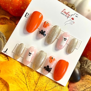 Disney Halloween Not so Scary Stick on Nails, Disney Halloween Press on Nails, Orange and Gold Mickey Mouse Nails