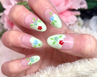 Spring Floral Green Press on Nails, Green Spring Stick on Nails, Pastel Green Flowers