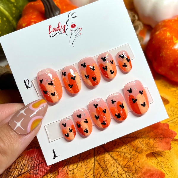 Disney Halloween Nails, Disney Halloween Press on Nails, Orange Glitter Mickey Mouse Nails