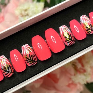 Coral Palm Press On Nails, False Nail set, Pink Palm Tree Stick on Nails, Glue on Nails, Reusable Nails, Acrylic Nails