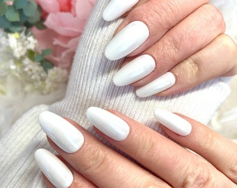 White Chrome Press on Nails, White Nails, Acrylic Nails, Press on Nails, Fake Nails, Bride White Chrome Wedding Nails