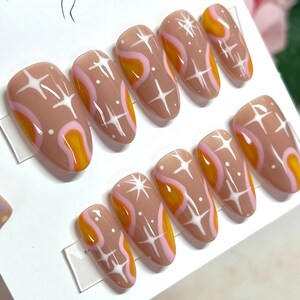 Pink and Orange Swirl Press On Nails, Pink, Orange and Yellow Press on Nails, Arcylic Nails, False Nails