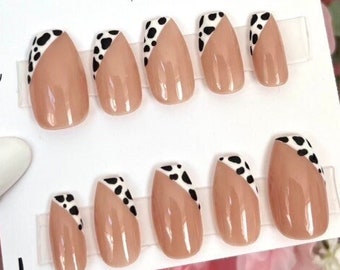 Cow Print tip Stick on Nails, Press on Glue on Nails, Acrylic Nails, False Nails, Acrylic Fake Nails Coffin Almond French