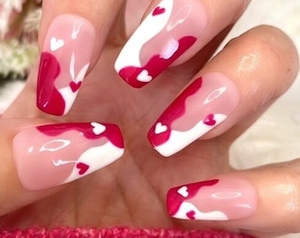 Pink and White Heart Press on Nails