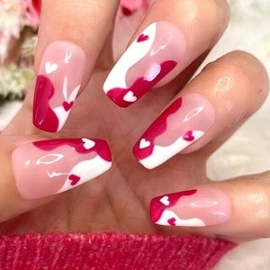 Valentines Day Press on Nails, Pink Stick On Nails, Pink and White Nails, Pink Nails, Heart Nails, Valentines Gift