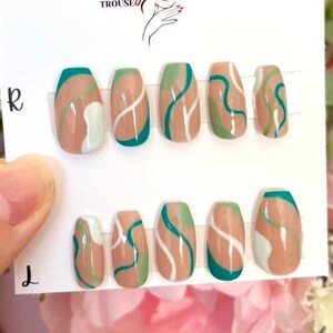Green Swirl Abstract Acrylic Stick on Nails, green Press on False Nails, Glue on Nails, Press on Nails