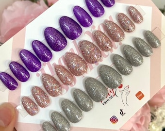 Plain Luxury Press On Nails, Set of 3 Plain Stick on Nails, Acrylic Nails, False Nails. Glitter Collection Purple, Pink and Silver