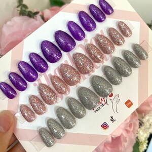 Plain Luxury Press On Nails, Set of 3 Plain Stick on Nails, Acrylic Nails, False Nails. Glitter Collection Purple, Pink and Silver