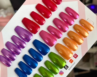 Chrome Press on Nails, Chrome Stick on Nails, Acrylic Nails, Pink, Purple, Red, Green, Orange, Blue, Gold Chrome Nails