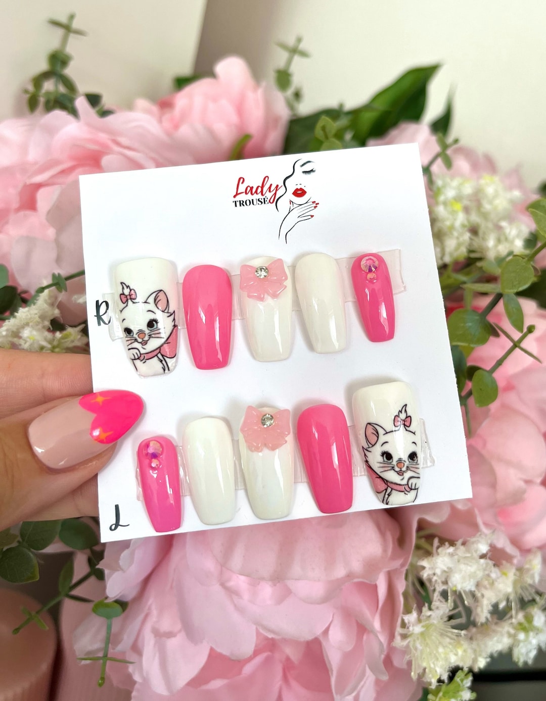 Disney Marie Press on Nails, Pink and White Marie Stick on Nails