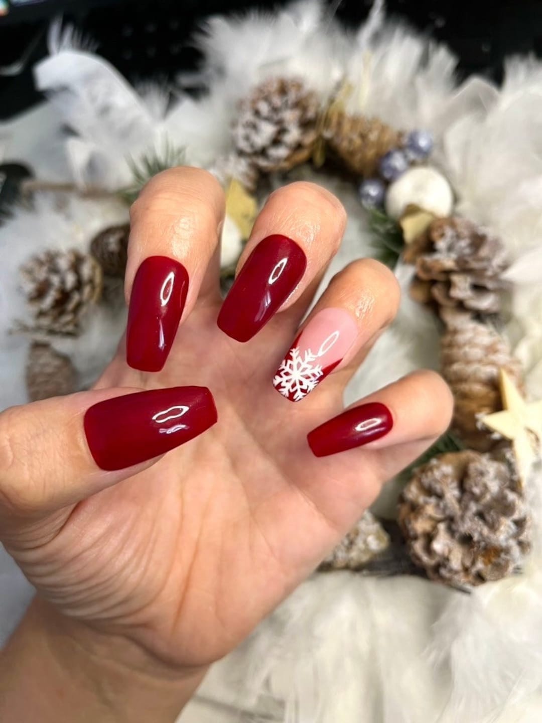Christmas Press on Nails Dark Red Snowflake Christmas Press on Nails. Dark Red Christmas Nails Holiday Nails Etsy