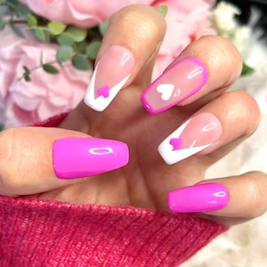 Valentines Day Press on Nails, Pink Stick On Nails, Pink and White Nails, Pink Nails, Heart Nails, Valentines Gift
