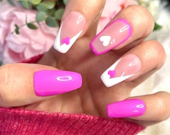 Hot Pink Heart French Tip Press on Nails