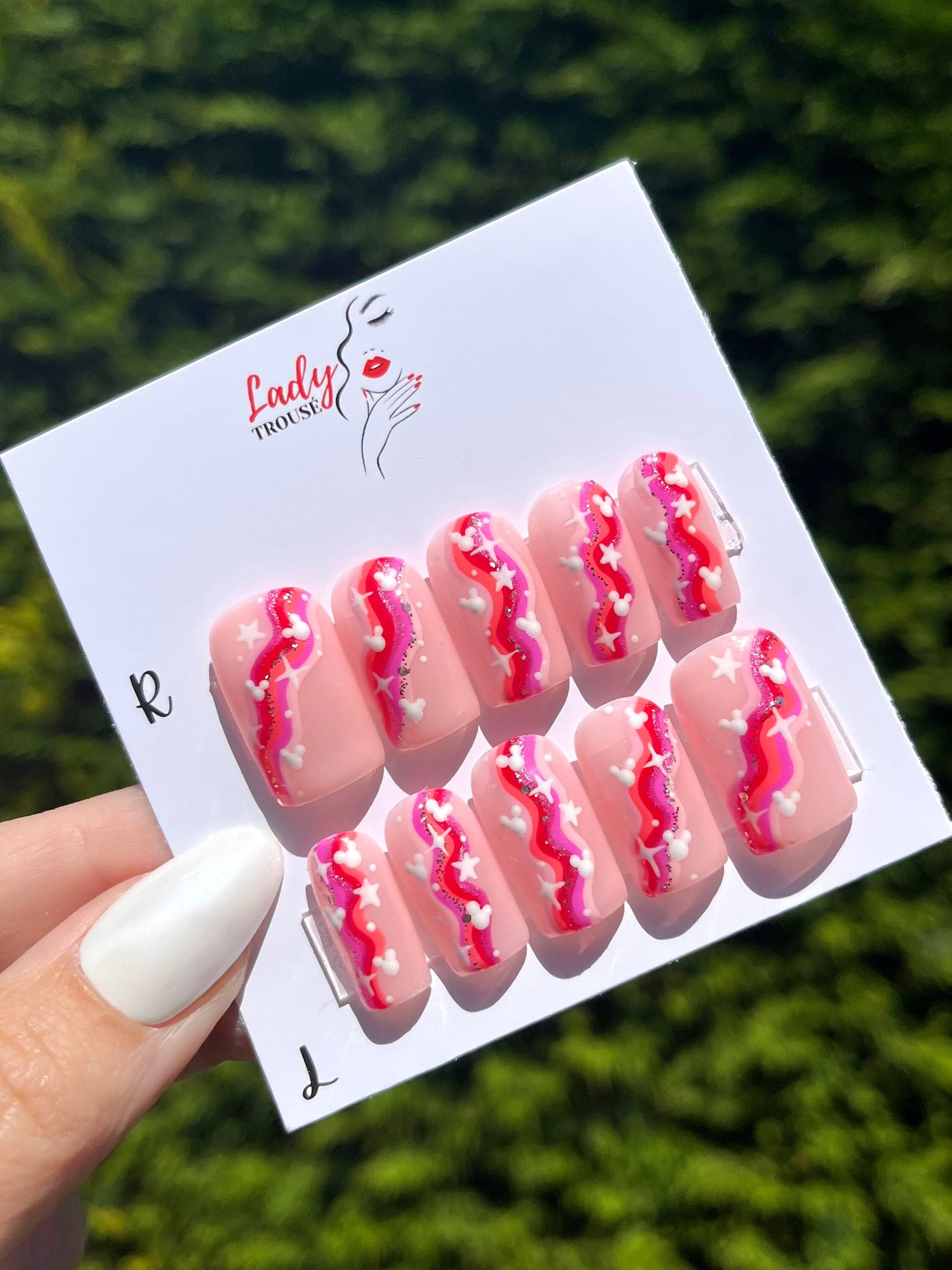 Disney Red and Pink Pres on Nails, Disney Nails, Disney Press on Nails, Acrylic Nails, Mickey Nails