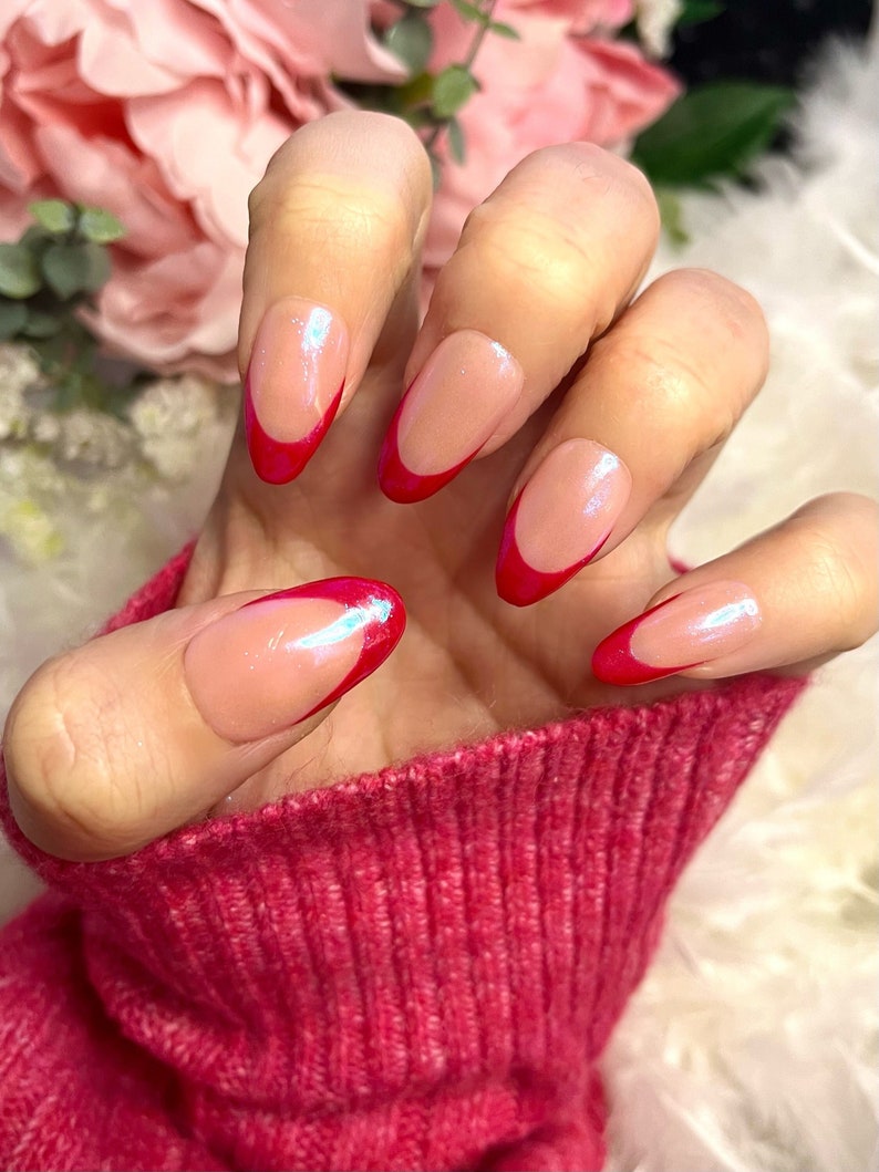 Hailey Bieber Red Tip Chrome Press on Nails, Red Tip Nails, Acrylic Nails, Press on Nails, Fake Nails, Chrome zdjęcie 2