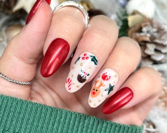 Christmas Press on Nails, Red Chrome Christmas Press on Nails. Red and Cream Christmas Nails, Holiday Nails