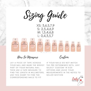 May include: Sizing guide for press-on nails with measurements in millimeters. The guide shows different nail sizes from 0 to 9, with corresponding measurements for each size. The guide also includes instructions on how to measure your nails and a section on custom sizing.