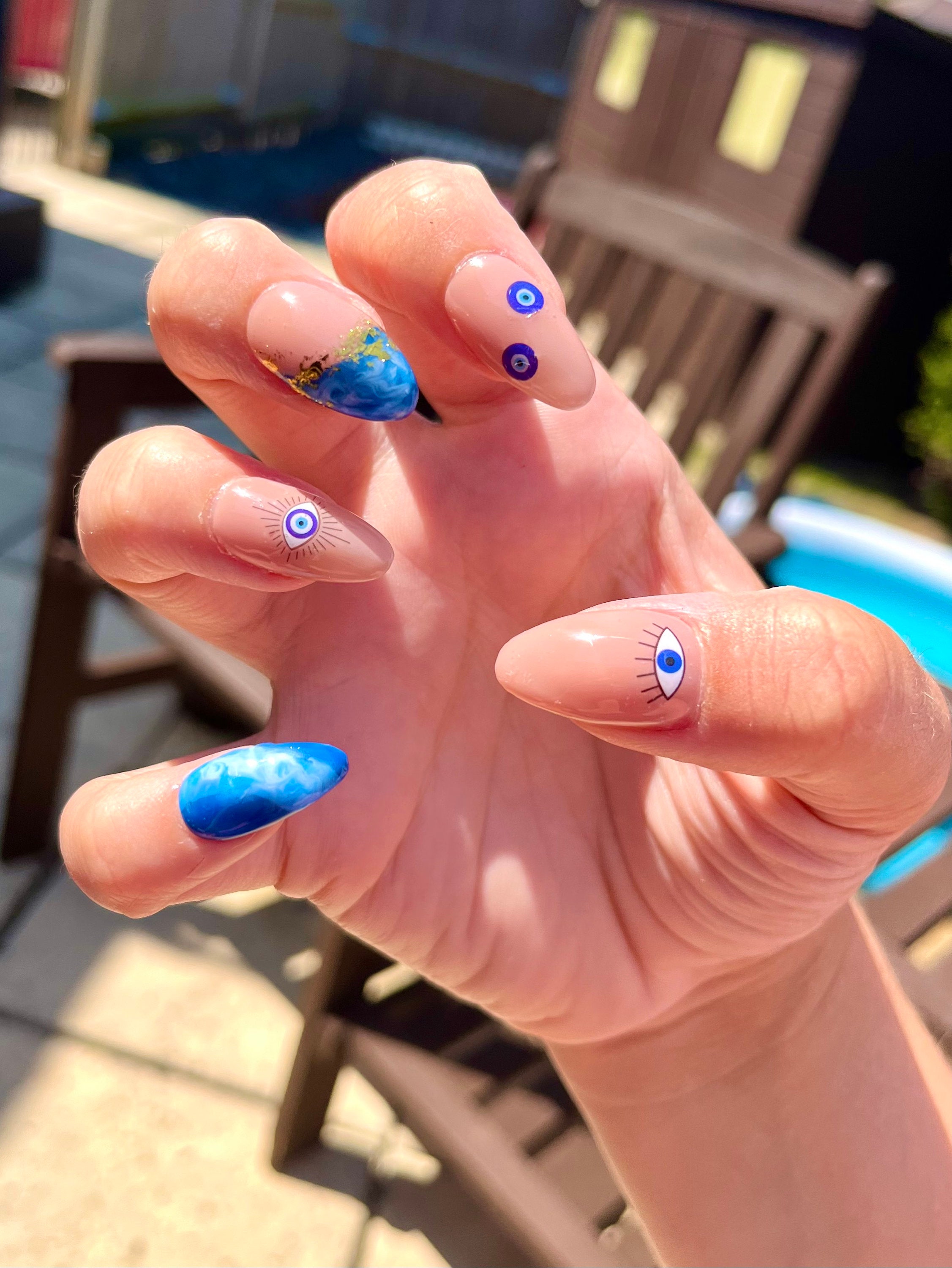 Blue Evil Eye Stick on Nails, Blue Press on Nails, Evil Eye Acrylic Nails, Fake Nails, Evil Eye Accessories