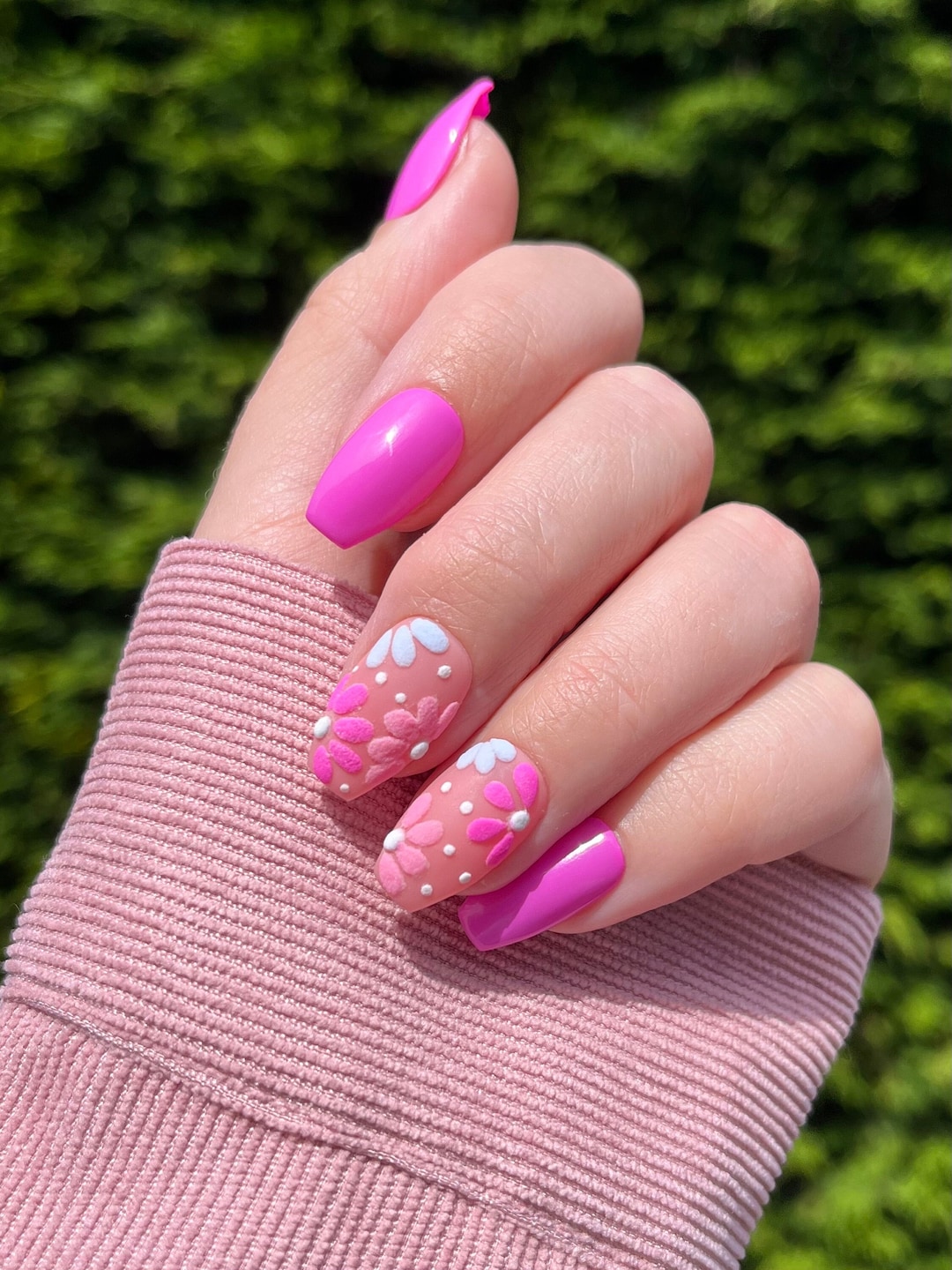 Vivid Hot Pink Floral Press‑On Nail Set