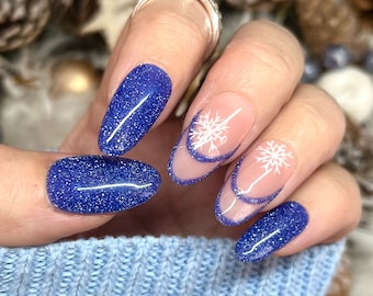 Blaue Glitzer-Schneeflocke-Press-On-Nägel, Weihnachtsfeiertags-Nägel