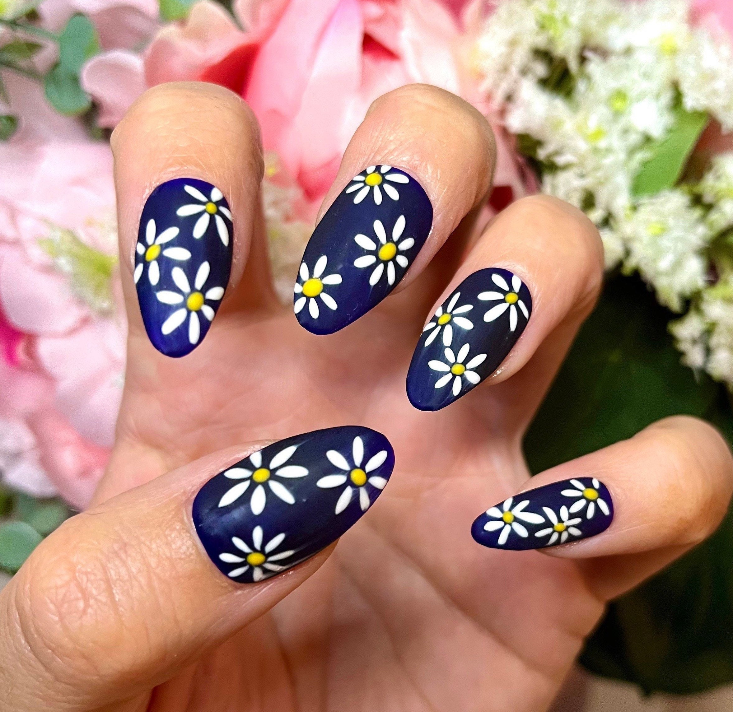 Dark Blue Floral Matt Daisy Press on Nails Stick on Glue on Nails