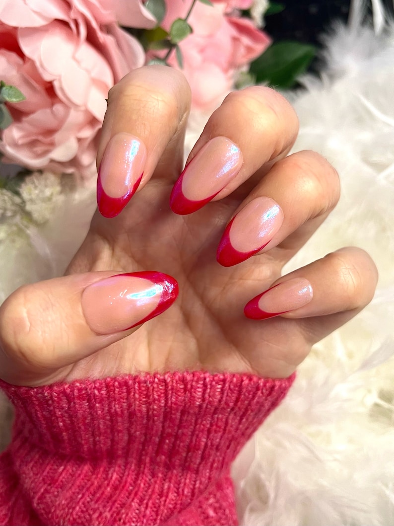 Hailey Bieber Red Tip Chrome Press on Nails, Red Tip Nails, Acryl Nails, Press on Nails, Fake Nails, Chrome afbeelding 6