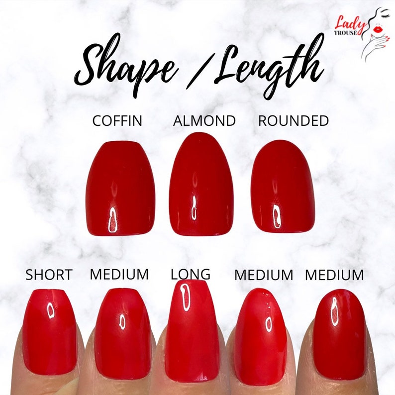 May include: A visual guide to different nail shapes and lengths. The shapes are coffin, almond, and rounded. The lengths are short, medium, and long.