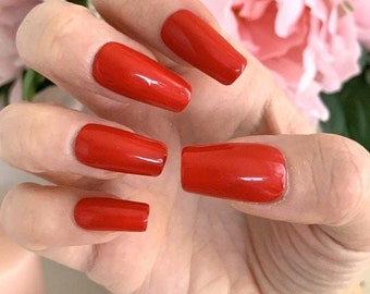 Classic Red Press on Nails, Red Stick on Nails, Glue on Nails, False Nails, Acrylic Nails, Plain Nails, Valentines Day Nails, Holiday Nails