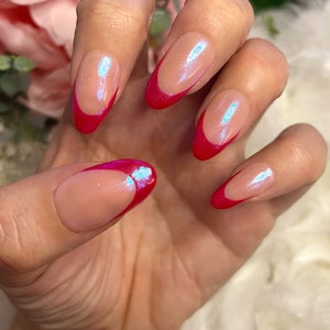 Hailey Bieber Red Tip Chrome Press on Nails, Red Tip Nails, Acryl Nails, Press on Nails, Fake Nails, Chrome afbeelding 3